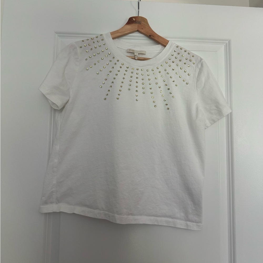 Maje White Tee with Gold Studs